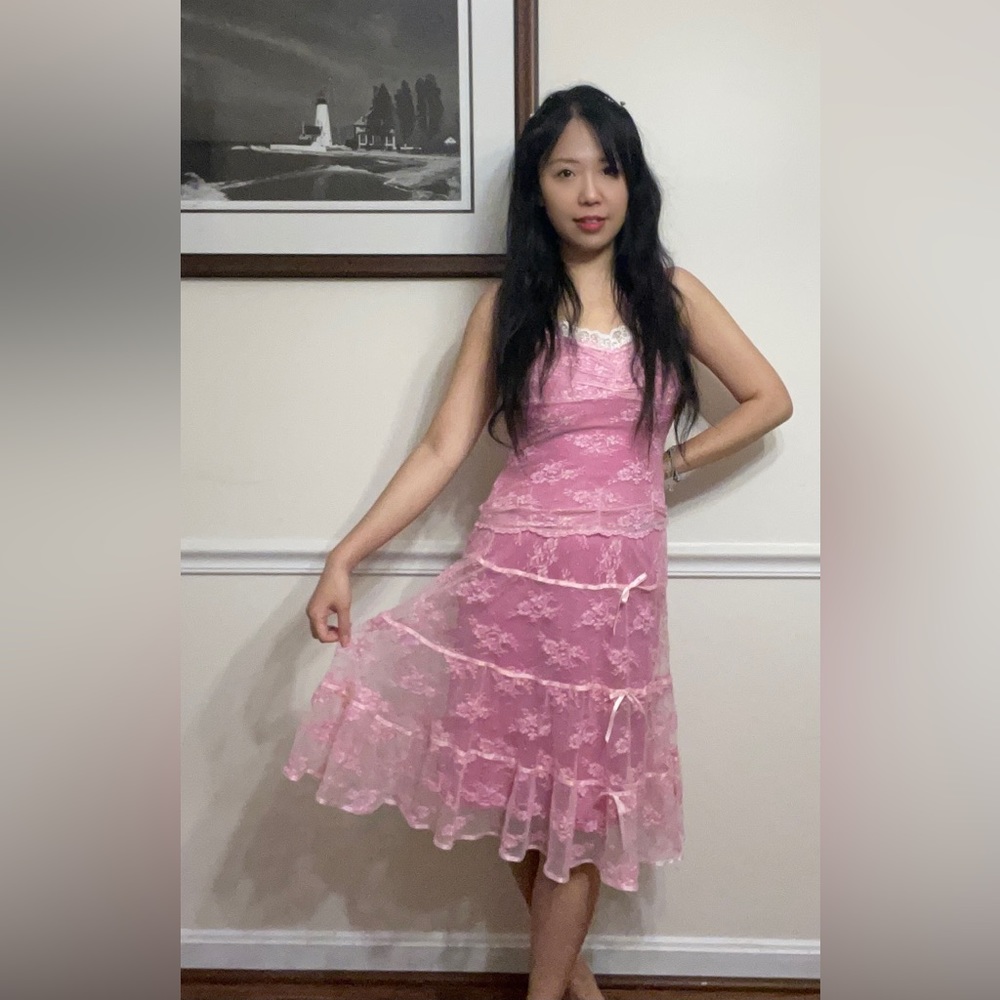 💖RARE💖YK2 Betsey Johnson pink Lace Ribbon Dress Set 🦋